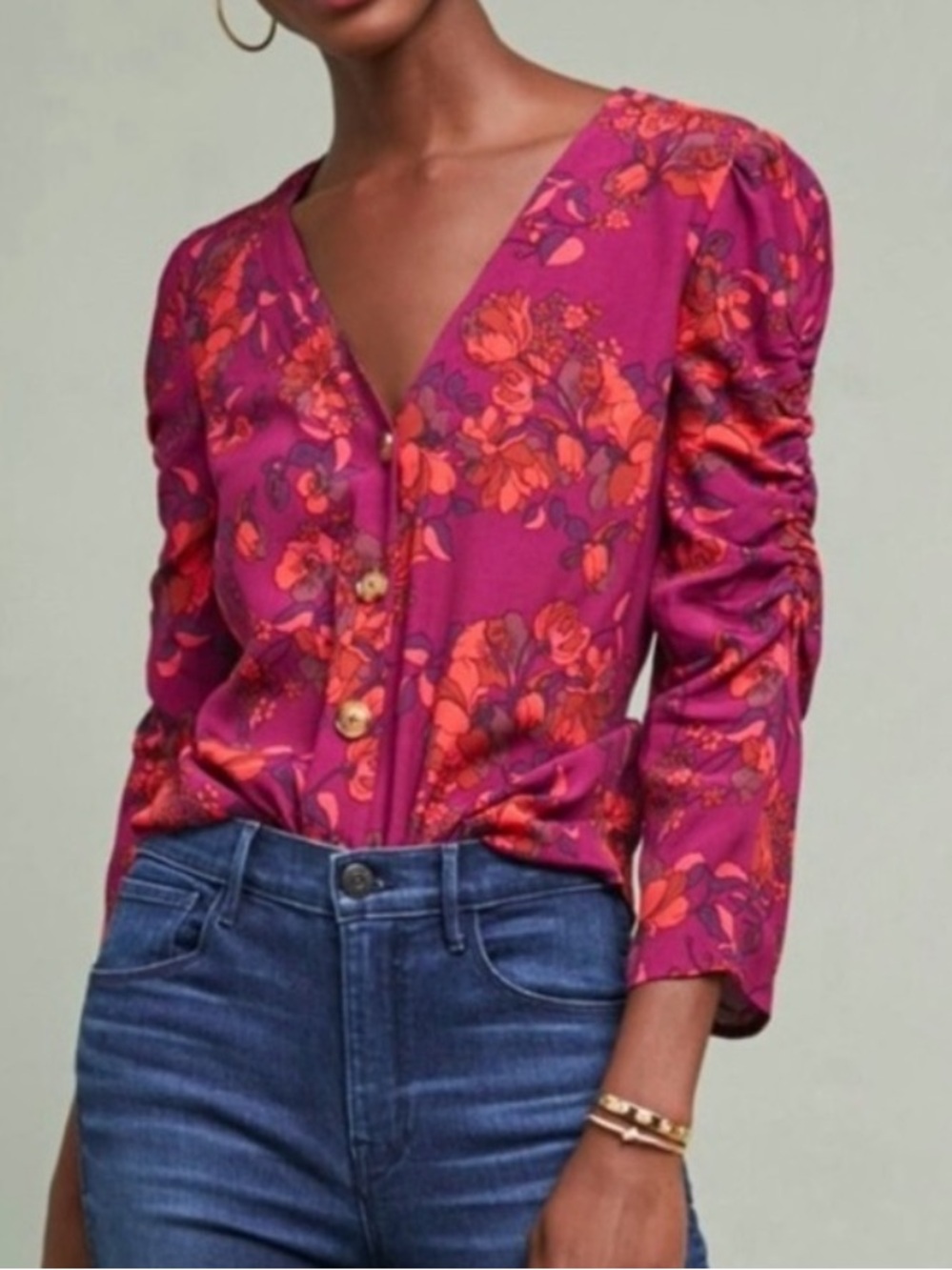 Maeve Anthropologie Purple Floral Ruched Puff Sleeve Button Blouse Sz S